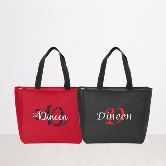 Name and Initial Embroidered Canvas Tote Bag