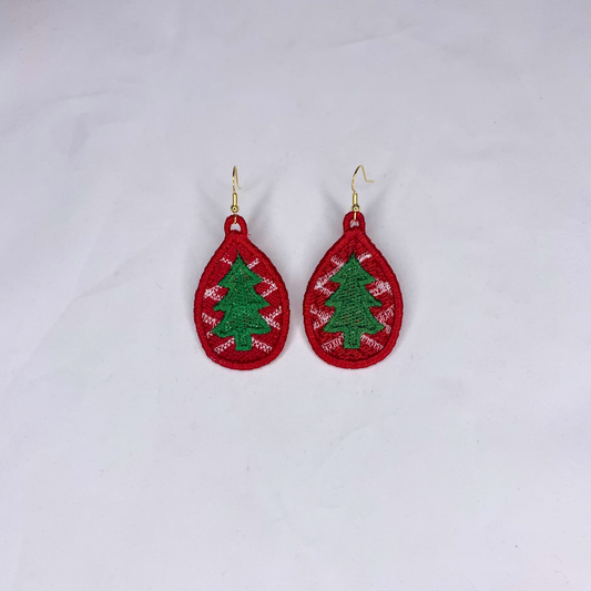 Christmas Tree Teardrop Embroidered Lace Earrings