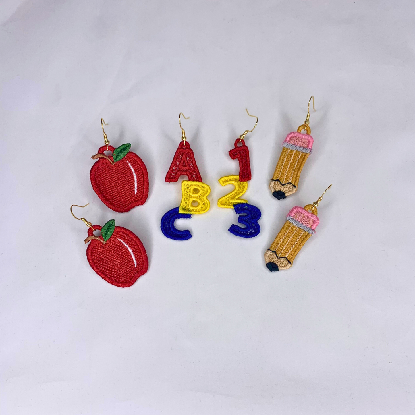 Teacher Set Embroidered Lace Earrings, Education Inspired Earrings