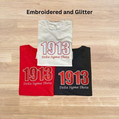 1913 Delta Sigma Theta Embroidered Glitter T-Shirt