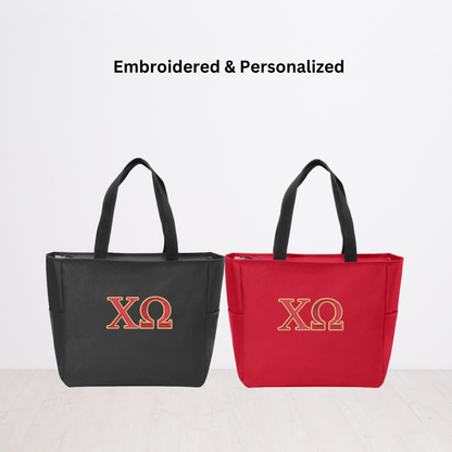 Chi Omega Personalized Embroidered Zipper Tote Bag