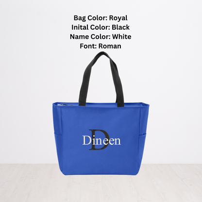Name and Initial Embroidered Canvas Tote Bag
