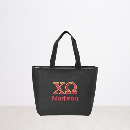 Chi Omega Personalized Embroidered Zipper Tote Bag