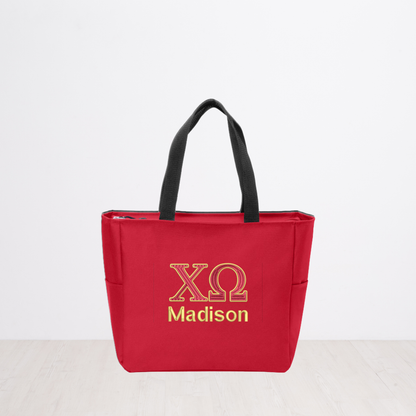 Chi Omega Personalized Embroidered Zipper Tote Bag