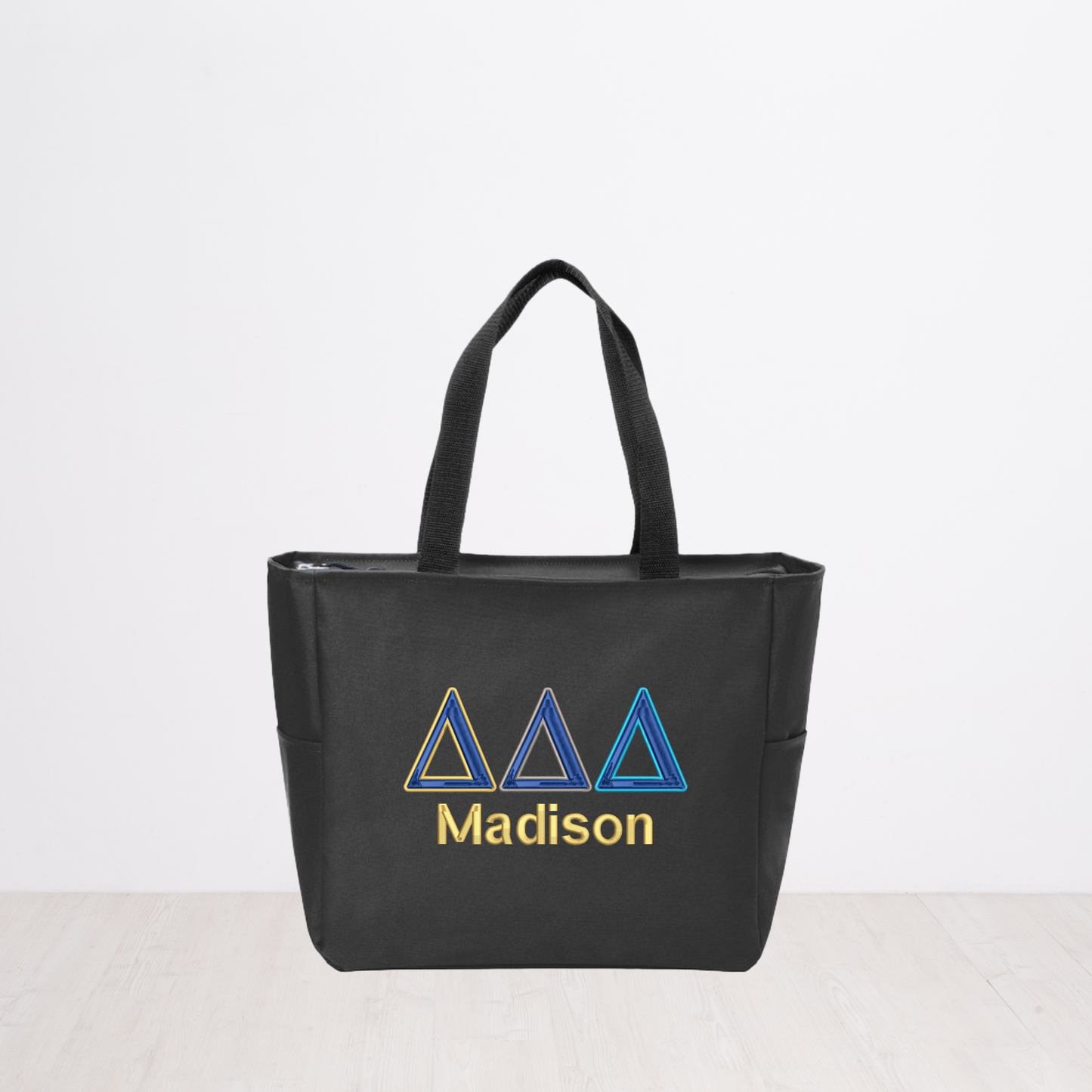 Delta Delta Delta Personalized Embroidered Zipper Tote Bag, Tri Delta