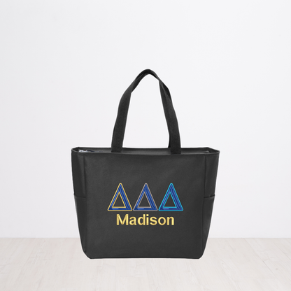 Delta Delta Delta Personalized Embroidered Zipper Tote Bag, Tri Delta