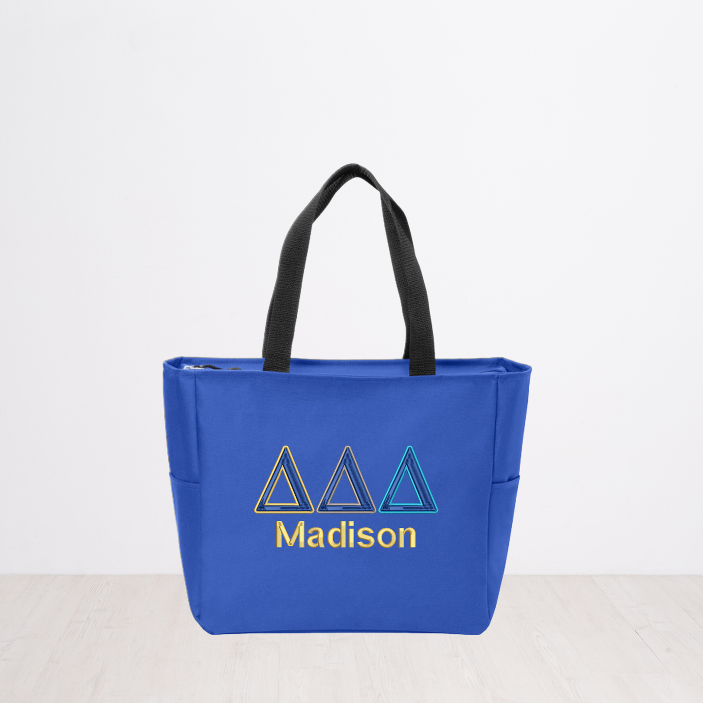 Delta Delta Delta Personalized Embroidered Zipper Tote Bag, Tri Delta