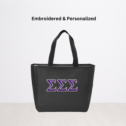 Sigma Sigma Sigma Personalized Embroidered Zipper Tote Bag, Tri Sigma