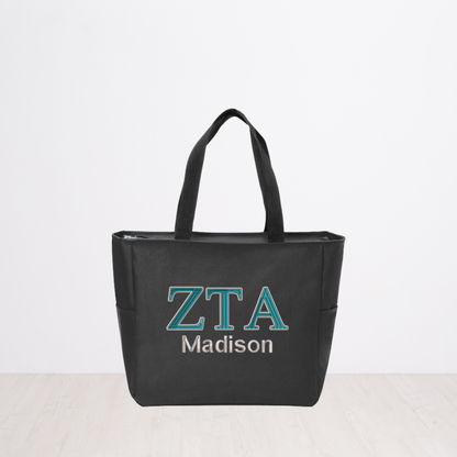 Zeta Tau Alpha Personalized Embroidered Zipper Tote Bag